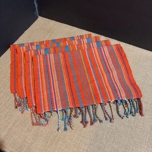 Pier 1 Placemats Woven Cotton‎ Set Of 4 Orange striped tasseled Guatemala Summer